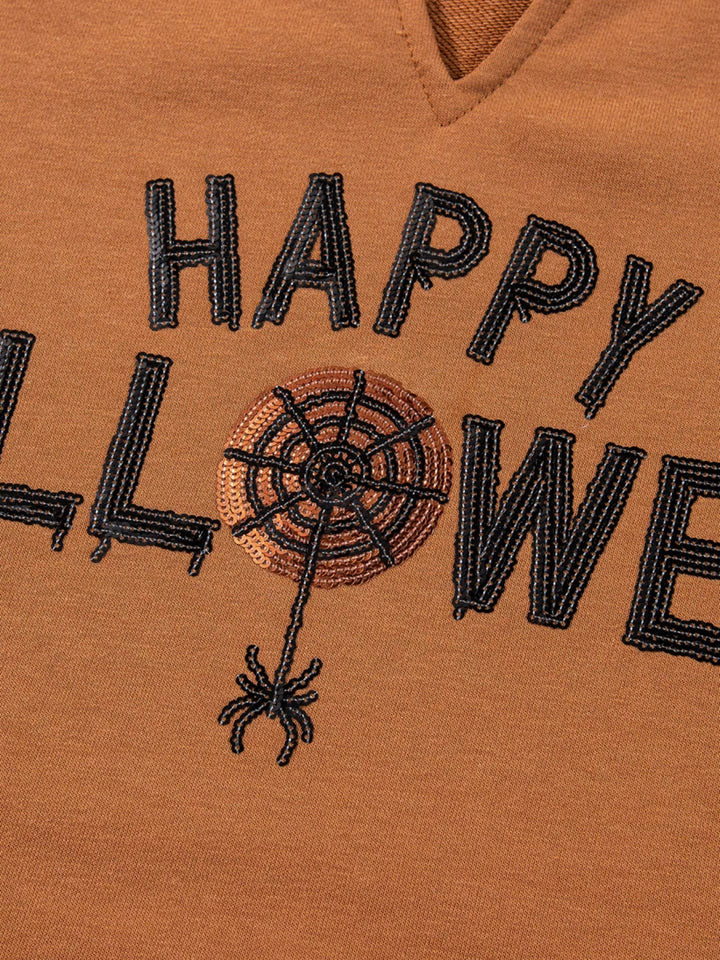 Happy Halloween Graphic Notched Long Sleeve Loose Top - Terracotta - S - 7a52c7ae80294dbba64567dfc918092c - Max - Origin - Tatoo Tee