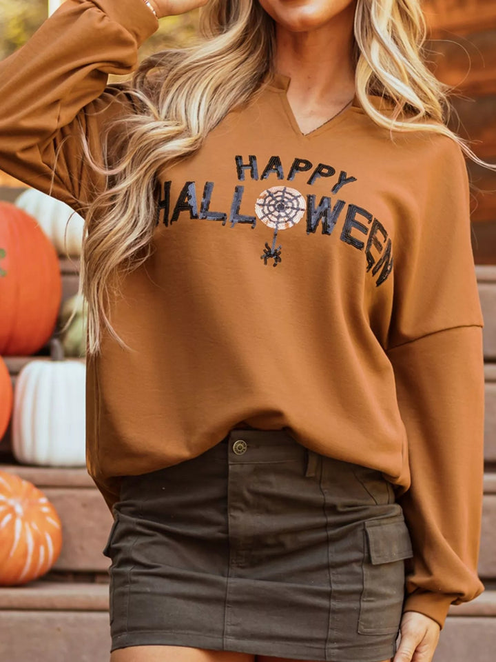Happy Halloween Graphic Notched Long Sleeve Loose Top - Terracotta - S - e093583e - 6a10 - 451c - a2de - 52f269545eb0 - Max - Origin - Tatoo Tee