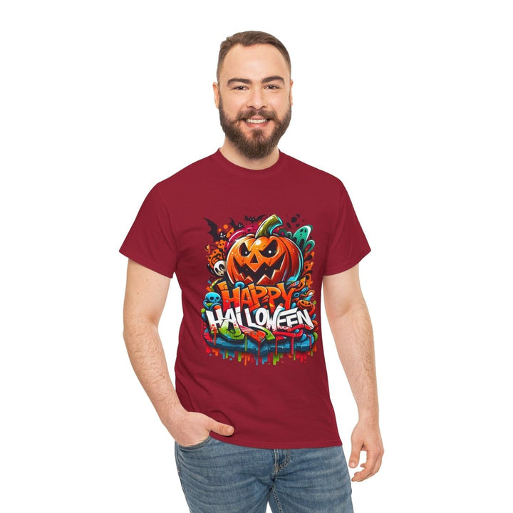 Happy Halloween Unisex Heavy Cotton Tee - Cardinal Red - S - Happy Halloween Unisex Heavy Cotton Tee - Tatoo Tee