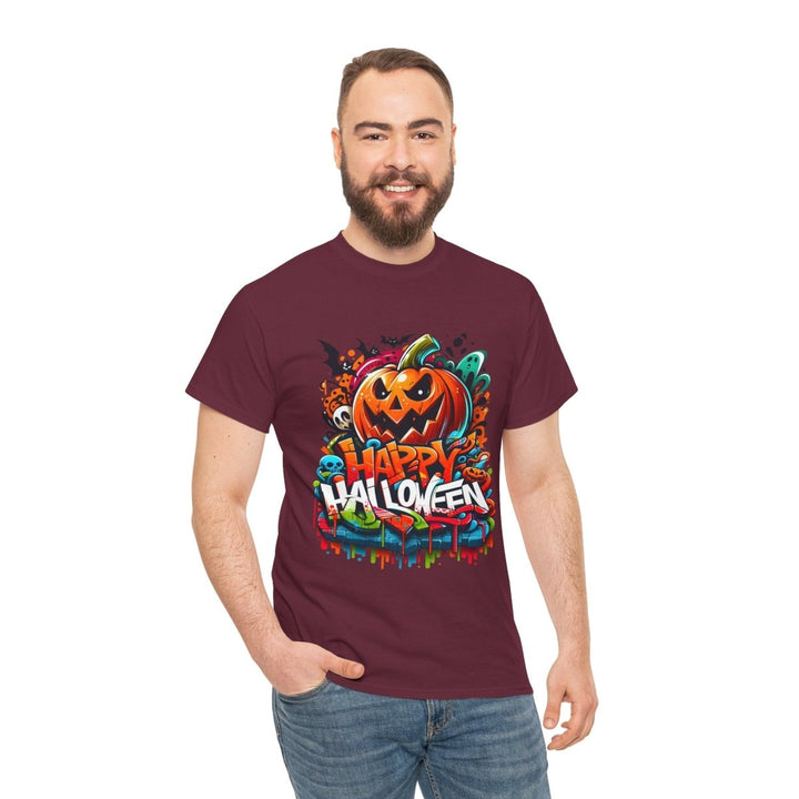Happy Halloween Unisex Heavy Cotton Tee - Cardinal Red - S - Happy Halloween Unisex Heavy Cotton Tee - Tatoo Tee