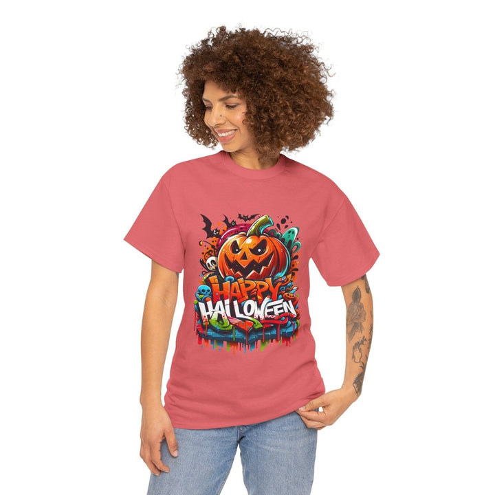 Happy Halloween Unisex Heavy Cotton Tee - Coral Silk - S - Happy Halloween Unisex Heavy Cotton Tee - Tatoo Tee