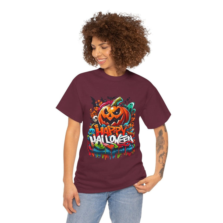 Happy Halloween Unisex Heavy Cotton Tee - Maroon - S - Happy Halloween Unisex Heavy Cotton Tee - Tatoo Tee