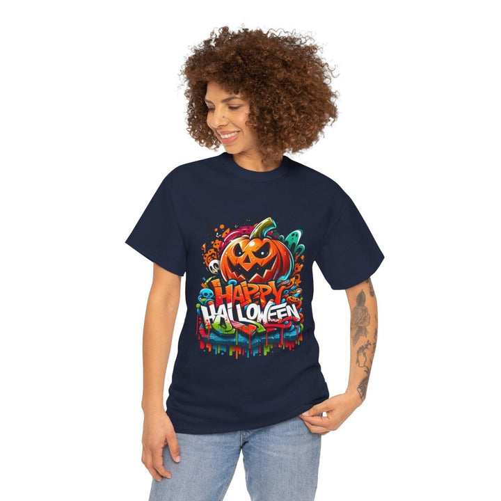 Happy Halloween Unisex Heavy Cotton Tee - Navy - S - Happy Halloween Unisex Heavy Cotton Tee - Tatoo Tee