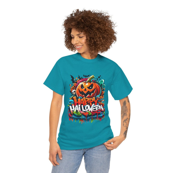 Happy Halloween Unisex Heavy Cotton Tee - Tropical Blue - S - Happy Halloween Unisex Heavy Cotton Tee - Tatoo Tee