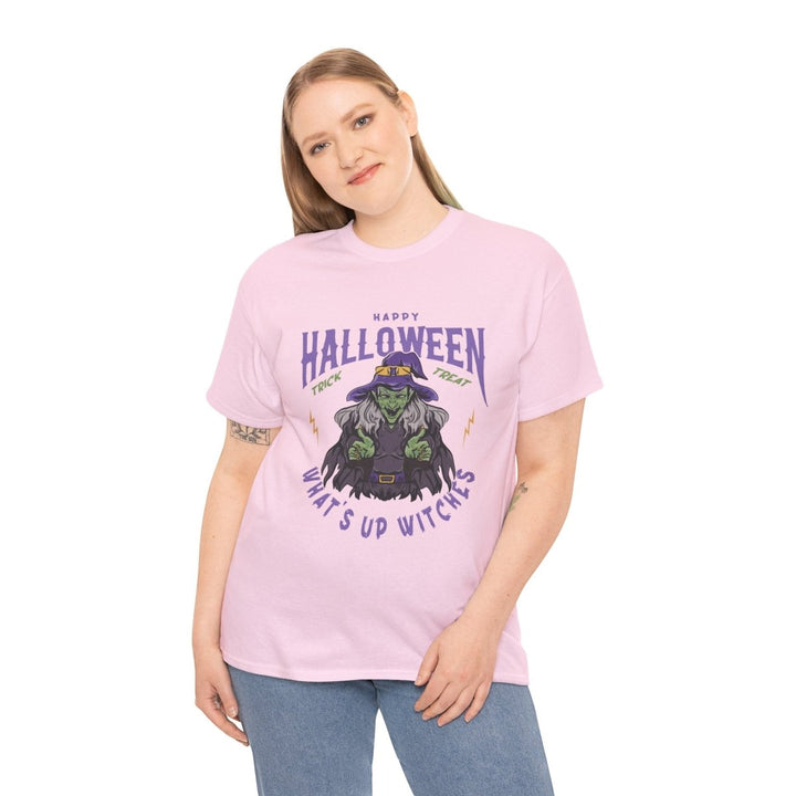 Happy Halloween Unisex Heavy Cotton Tee - "What's Up Witches" Shirt - Light Pink - S - Happy Halloween Unisex Heavy Cotton Tee - "What's Up Witches" Shirt - Tatoo Tee