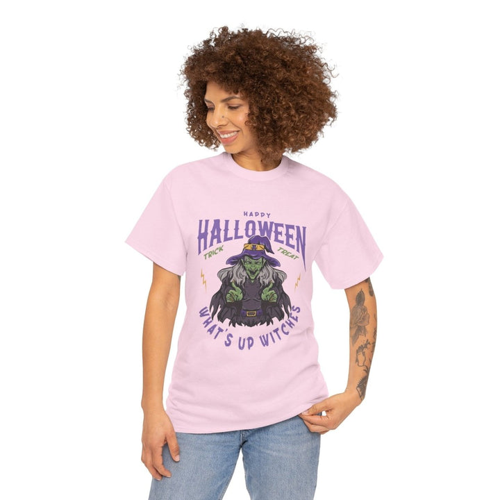 Happy Halloween Unisex Heavy Cotton Tee - "What's Up Witches" Shirt - Light Pink - S - Happy Halloween Unisex Heavy Cotton Tee - "What's Up Witches" Shirt - Tatoo Tee