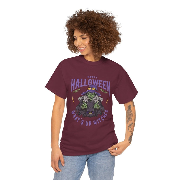 Happy Halloween Unisex Heavy Cotton Tee - "What's Up Witches" Shirt - Maroon - S - Happy Halloween Unisex Heavy Cotton Tee - "What's Up Witches" Shirt - Tatoo Tee