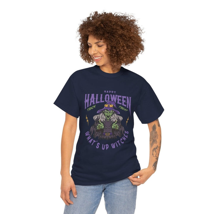 Happy Halloween Unisex Heavy Cotton Tee - "What's Up Witches" Shirt - Navy - S - Happy Halloween Unisex Heavy Cotton Tee - "What's Up Witches" Shirt - Tatoo Tee