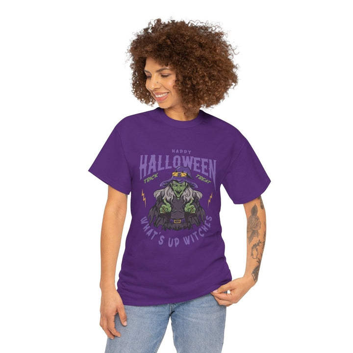 Happy Halloween Unisex Heavy Cotton Tee - "What's Up Witches" Shirt - Purple - S - Happy Halloween Unisex Heavy Cotton Tee - "What's Up Witches" Shirt - Tatoo Tee