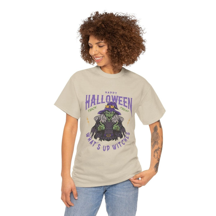 Happy Halloween Unisex Heavy Cotton Tee - "What's Up Witches" Shirt - Sand - S - Happy Halloween Unisex Heavy Cotton Tee - "What's Up Witches" Shirt - Tatoo Tee