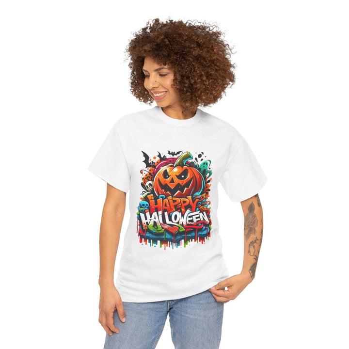 Happy Halloween Unisex Heavy Cotton Tee - White - S - Happy Halloween Unisex Heavy Cotton Tee - Tatoo Tee