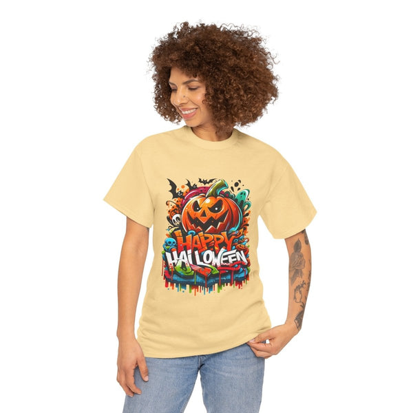 Happy Halloween Unisex Heavy Cotton Tee - Yellow Haze - S - Happy Halloween Unisex Heavy Cotton Tee - Tatoo Tee