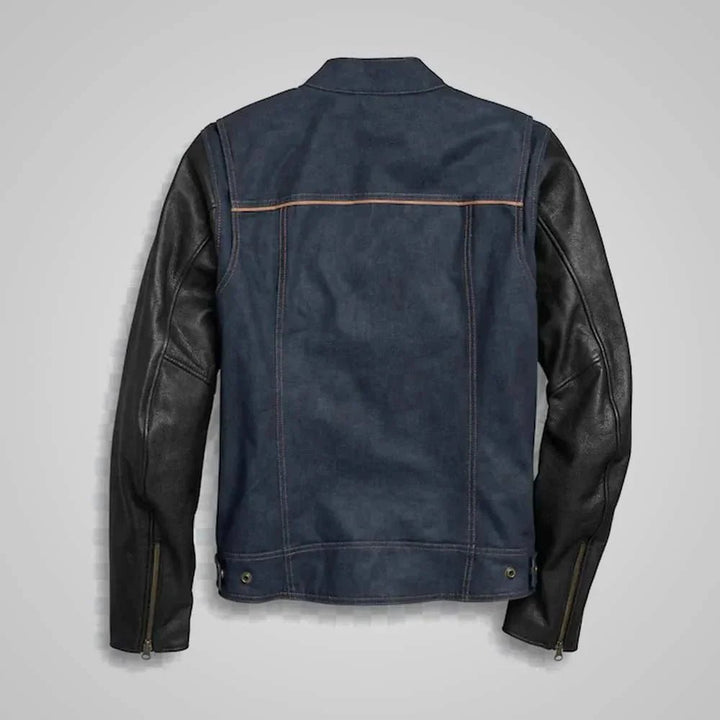 Harley - Davidson 7 Star Denim Jacket with Premium Leather Sleeves - Male - XS - Harley - Davidson 7 Star Denim Jacket with Premium Leather Sleeves - Tatoo Tee