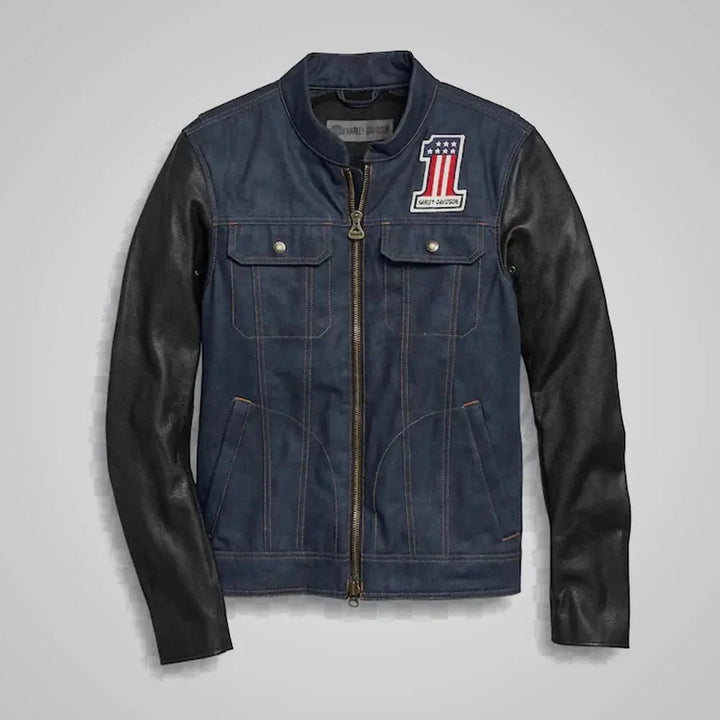 Harley - Davidson 7 Star Denim Jacket with Premium Leather Sleeves - Male - XS - Denim jacket with leather sleeves on a gray background - Tatoo Tee