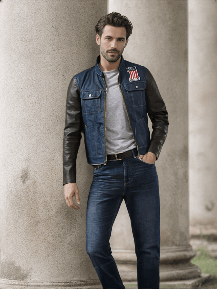 Harley - Davidson 7 Star Denim Jacket with Premium Leather Sleeves - Male - XS - Harley - Davidson 7 Star Denim Jacket with Premium Leather Sleeves - Tatoo Tee