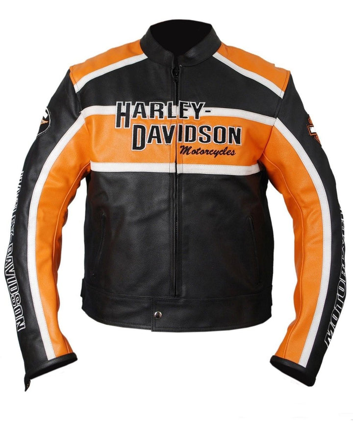 Harley Davidson Classic Cruiser Motorbike Leather Jacket - Male - XS - Harley - Davidson motorcycle jacket with black, orange, and white design on a white background - Tatoo Tee