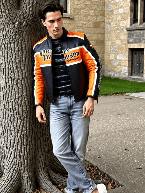 Harley Davidson Classic Cruiser Motorbike Leather Jacket - Male - XS - Harley Davidson Classic Cruiser Motorbike Leather Jacket - Tatoo Tee