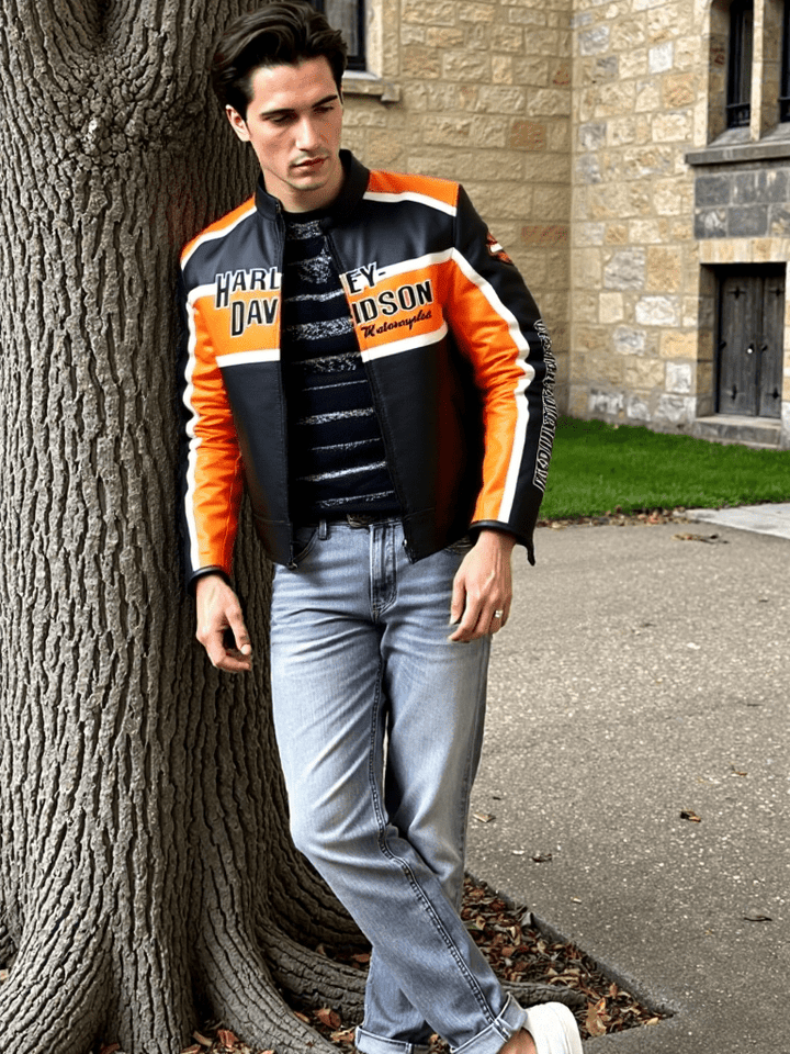 Harley Davidson Classic Cruiser Motorbike Leather Jacket - Male - XS - Harley Davidson Classic Cruiser Motorbike Leather Jacket - Tatoo Tee