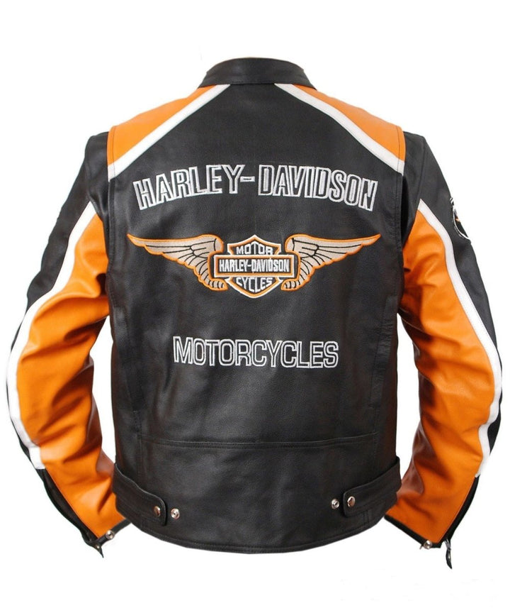 Harley Davidson Classic Cruiser Motorbike Leather Jacket - Male - XS - Harley - Davidson motorcycle jacket with orange and black design on a white background - Tatoo Tee