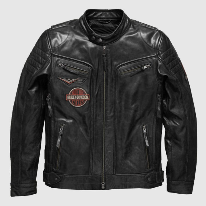 Harley Davidson Men embroidery Eagle Design Natural Leather Jacket - Male - XS - Black leather jacket with a brand logo on a light gray background - Tatoo Tee