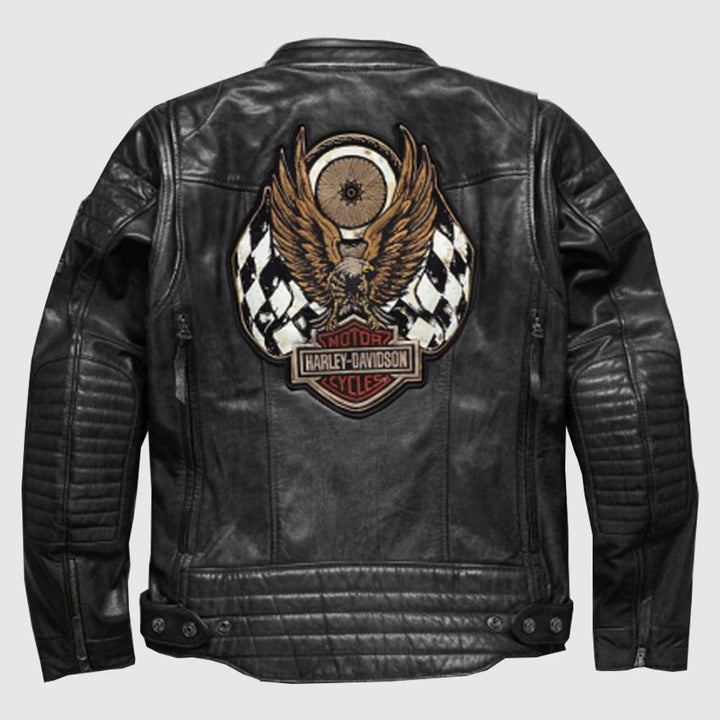 Harley Davidson Men embroidery Eagle Design Natural Leather Jacket - Male - XS - Harley Davidson Men embroidery Eagle Design Natural Leather Jacket - Tatoo Tee