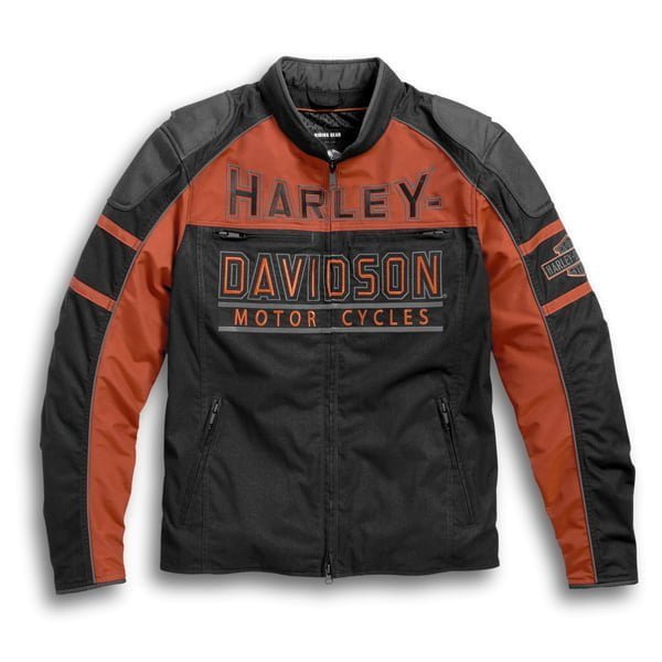 Harley Davidson Men’s Gastone Riding Jacket - Male - XS - Harley Davidson jacket with black and orange design on a white background - Tatoo Tee