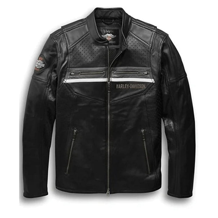 Harley Davidson Men’s Llano Perforated Leather Jacket - Male - XS - Black leather jacket with visible Harley - Davidson branding on a white background - Tatoo Tee