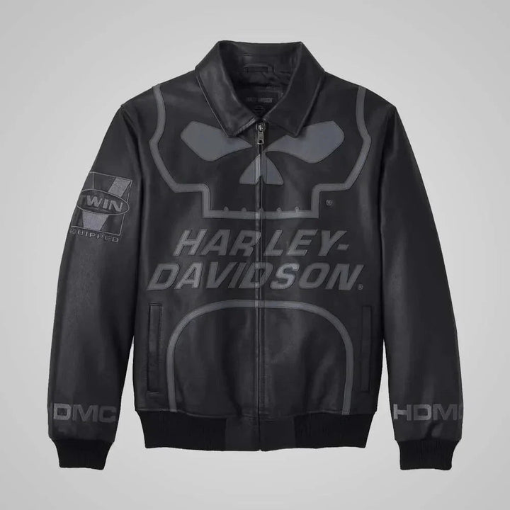 Harley Davidson New Willie G Skull Leather Master Jacket - Male - XS - Black leather jacket with Harley - Davidson logo on a gray background - Tatoo Tee