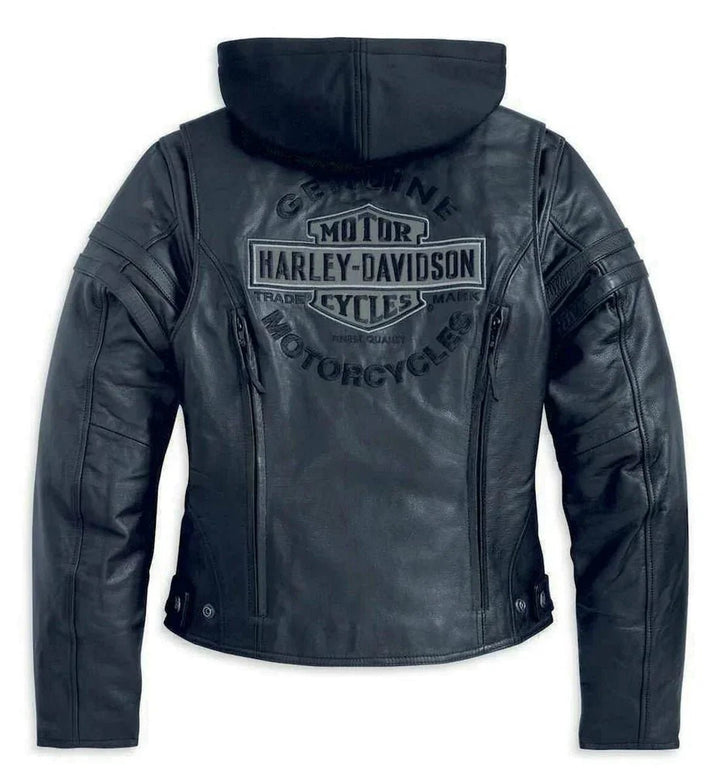 Harley - Davidson Women's Miss Enthusiast Leather Hood Jacket - Female - XS - Black leather jacket with Harley - Davidson logo on a white background - Tatoo Tee