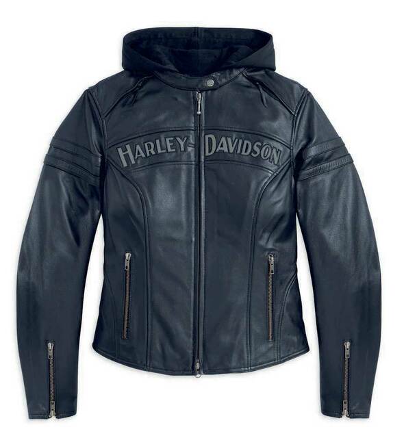Harley - Davidson Women's Miss Enthusiast Leather Hood Jacket - Female - XS - Harley Davidson leather jacket on a white background - Tatoo Tee