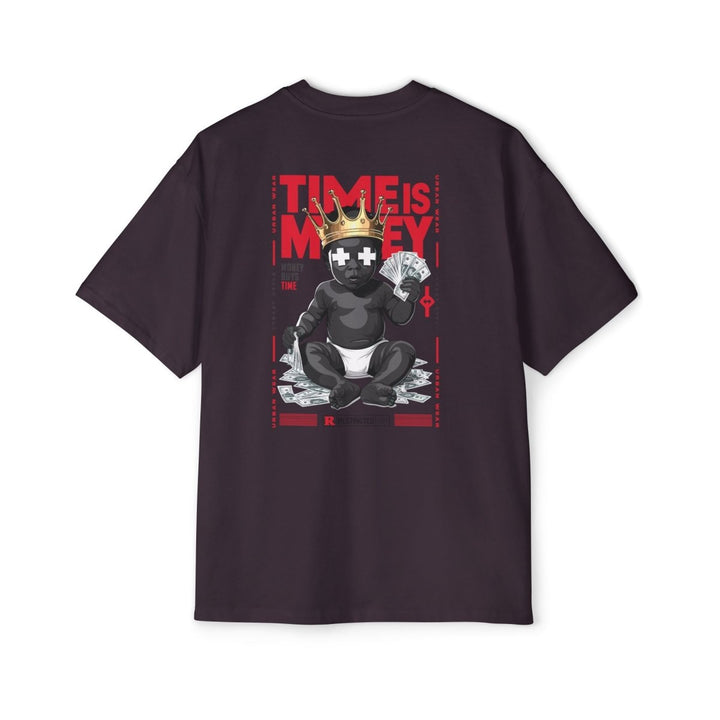 Heavy Oversized Tee - 'Time Is Money' Graphic Tee for Trendy Streetwear Lovers - Plum - L - Heavy Oversized Tee - 'Time Is Money' Graphic Tee for Trendy Streetwear Lovers - Tatoo Tee