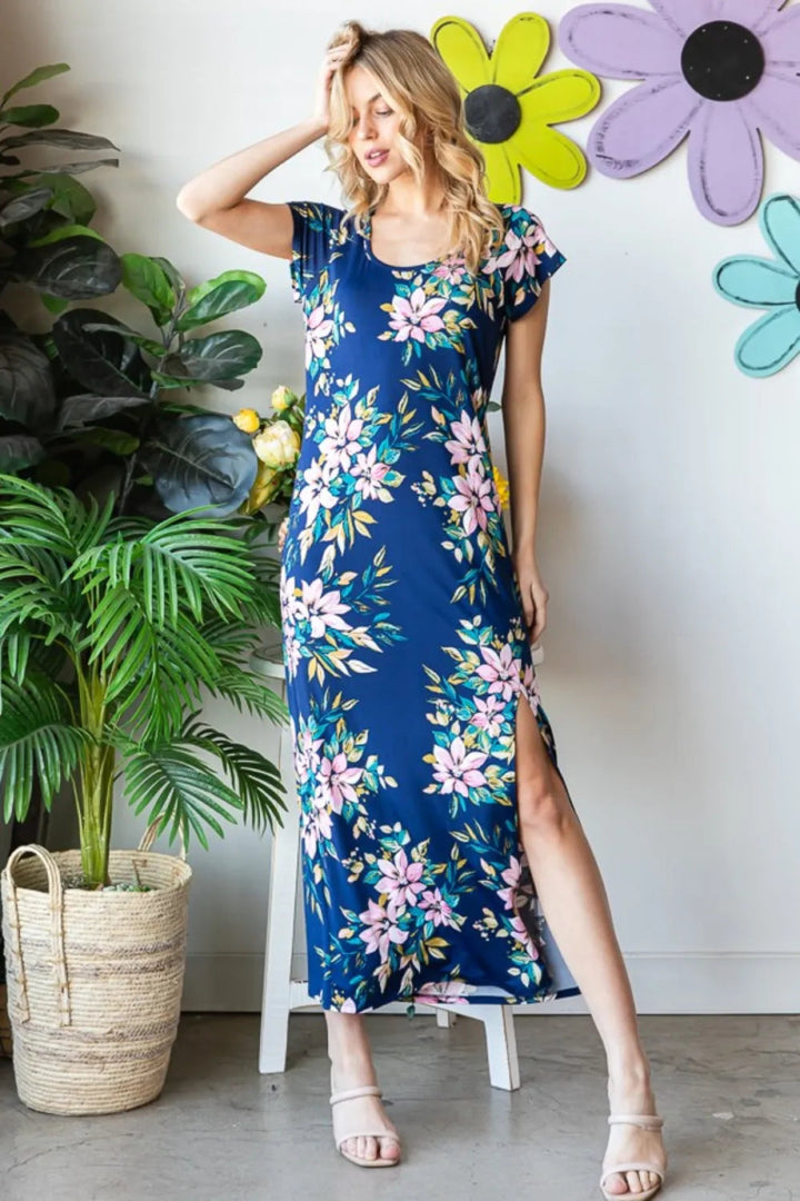 Heimish Full Size Floral Short Sleeve Slit Dress - Navy Multi - S - b7ea6e1c - b587 - 4828 - 92f3 - fed6c611aa87 - Max - Tatoo Tee