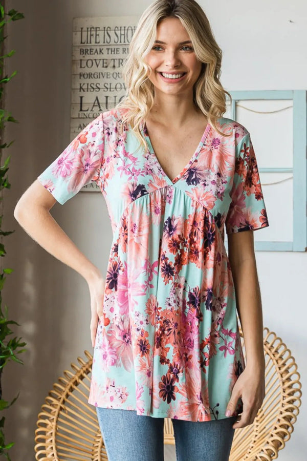Heimish Full Size Floral V - Neck Short Sleeve Babydoll Blouse - MINT - S - 871a8ed1 - 743a - 44cd - adc1 - 64ee6e0841d8 - Max - Tatoo Tee