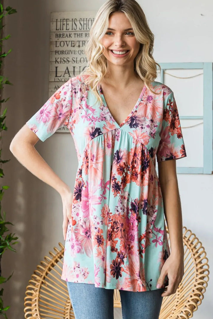 Heimish Full Size Floral V - Neck Short Sleeve Babydoll Blouse - MINT - S - 871a8ed1 - 743a - 44cd - adc1 - 64ee6e0841d8 - Max - Tatoo Tee