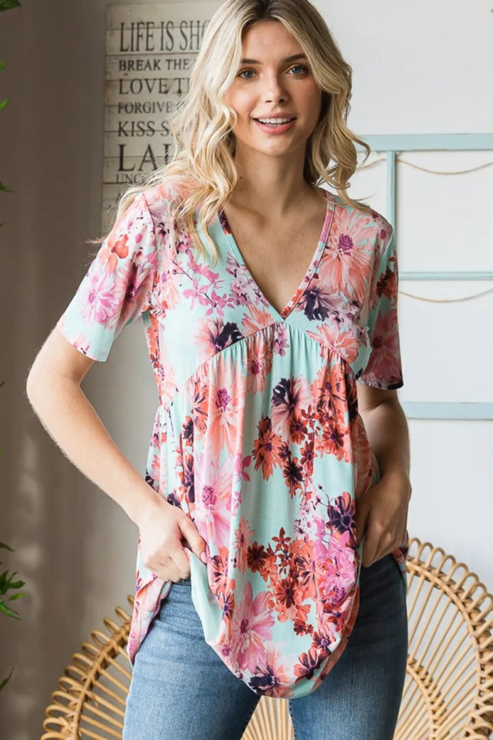 Heimish Full Size Floral V - Neck Short Sleeve Babydoll Blouse - MINT - S - 2cd7bc06 - 6655 - 4900 - a890 - 1b5340202230 - Max - Tatoo Tee