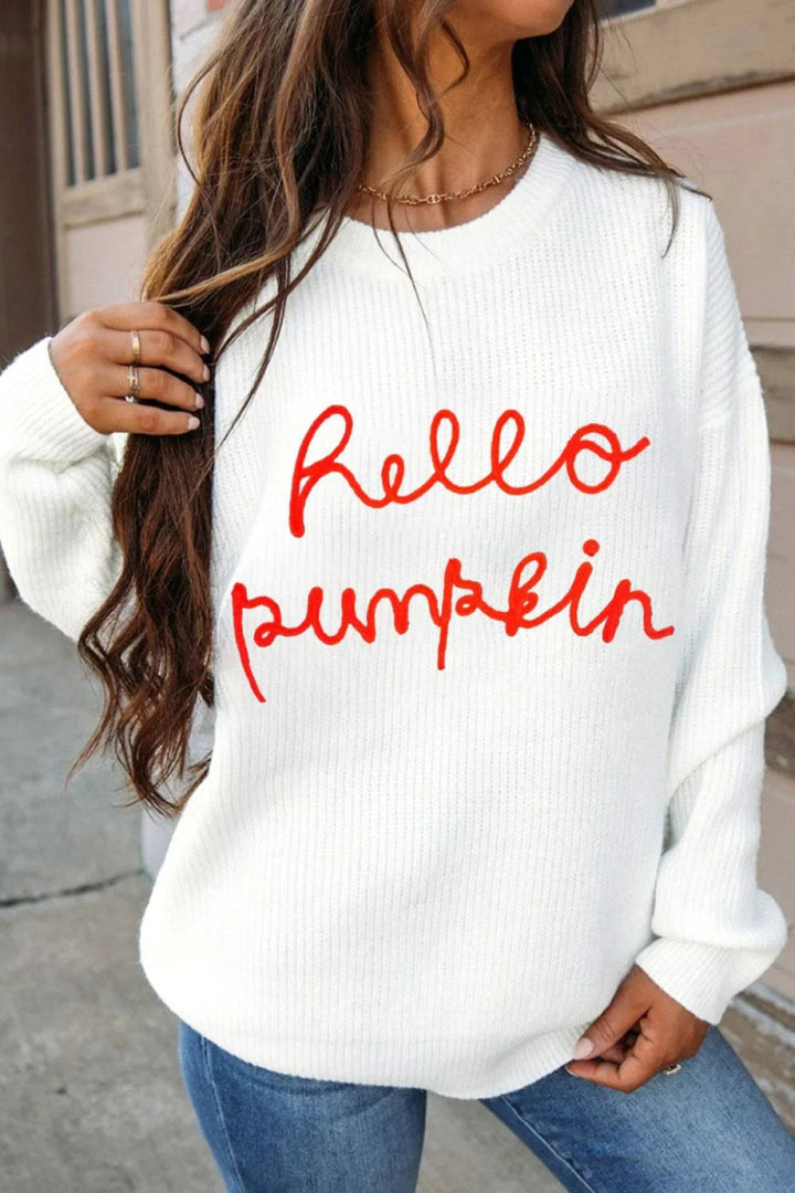 HELLO PUMPKIN Round Neck Long Sleeve Sweater - White - S - f7cdc41c - 5e3f - 4e6f - 9379 - ec16e5153810 - Max - Tatoo Tee