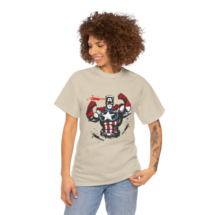 Heroic Unisex Heavy Cotton Tee - Muscular Design for Comic Fans - Sand - S - Heroic Unisex Heavy Cotton Tee - Muscular Design for Comic Fans - Tatoo Tee