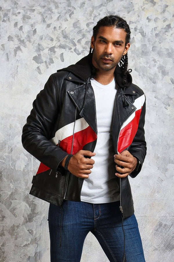 Hooded Leather Jacket in Black with Stripes