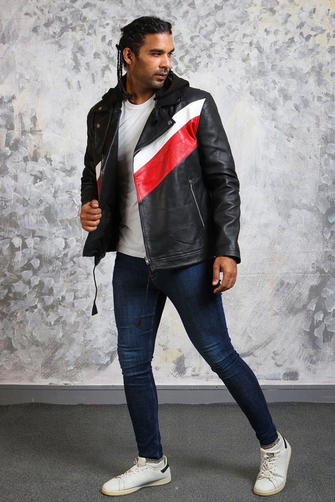 Hooded Leather Jacket in Black with Stripes - X - Small - Black - Hooded Leather Jacket in Black with Stripes - Tatoo Tee