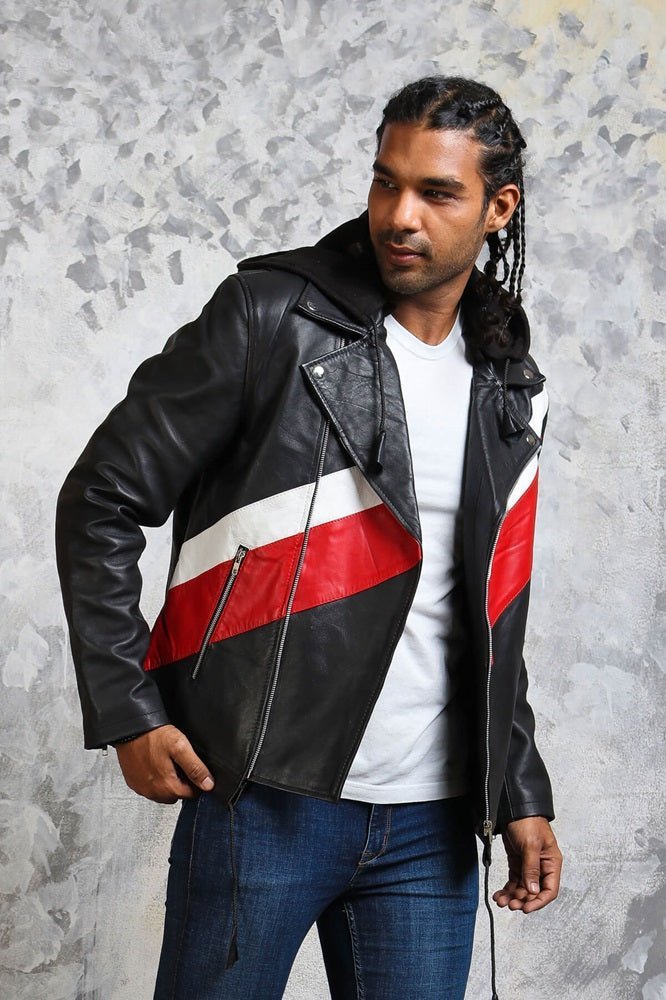 Hooded Leather Jacket in Black with Stripes - X - Small - Black - Hooded Leather Jacket in Black with Stripes - Tatoo Tee