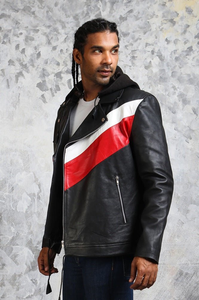 Hooded Leather Jacket in Black with Stripes - X - Small - Black - Hooded Leather Jacket in Black with Stripes - Tatoo Tee