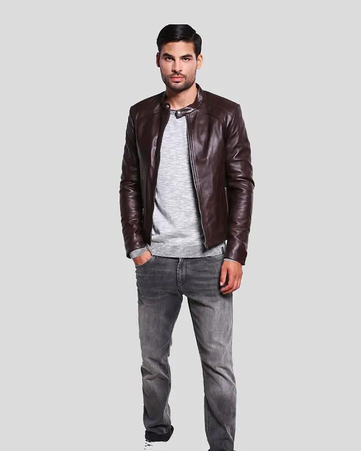 Joey Brown Leather Racer Jacket - XS - Joey Brown Leather Racer Jacket - Tatoo Tee