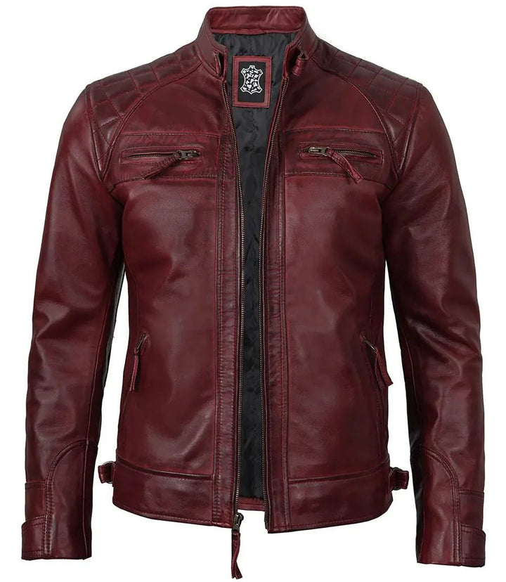 Johnson Burgundy Quilted Motorcycle Leather Jacket - XS - Johnson Burgundy Quilted Motorcycle Leather Jacket - Tatoo Tee