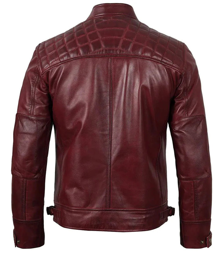 Johnson Burgundy Quilted Motorcycle Leather Jacket - XS - Johnson Burgundy Quilted Motorcycle Leather Jacket - Tatoo Tee