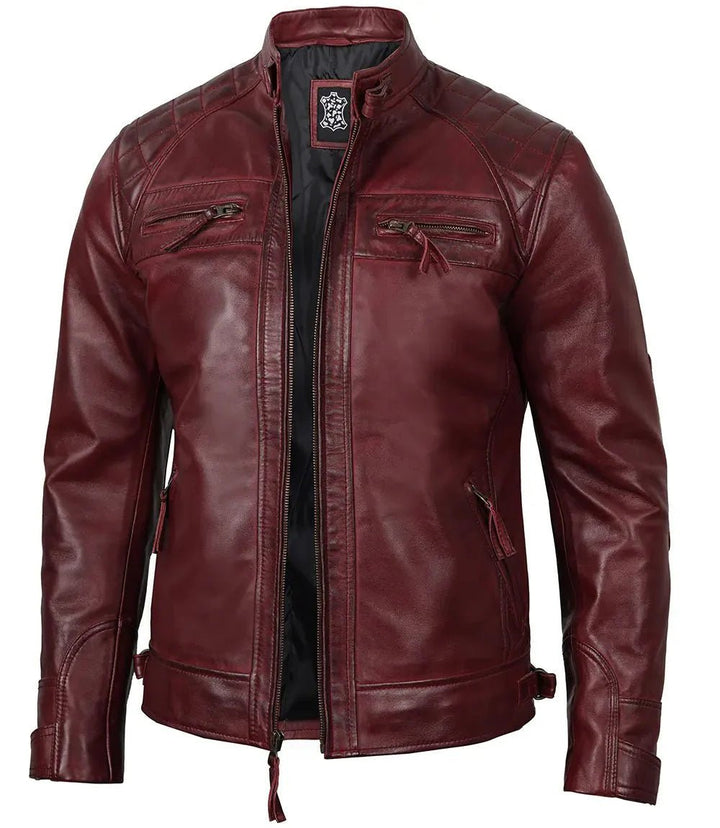 Johnson Burgundy Quilted Motorcycle Leather Jacket - XS - Johnson Burgundy Quilted Motorcycle Leather Jacket - Tatoo Tee