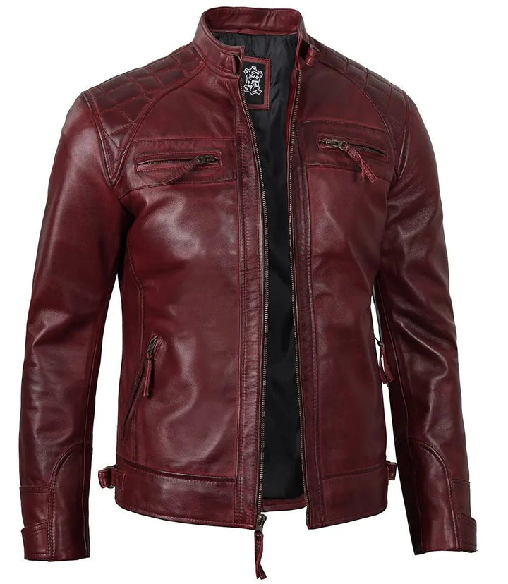 Johnson Burgundy Quilted Motorcycle Leather Jacket - XS - Johnson Burgundy Quilted Motorcycle Leather Jacket - Tatoo Tee