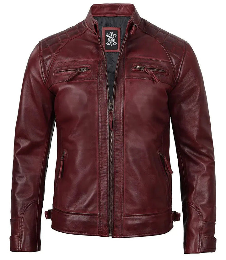 Johnson Burgundy Quilted Motorcycle Leather Jacket - XS - Johnson Burgundy Quilted Motorcycle Leather Jacket - Tatoo Tee