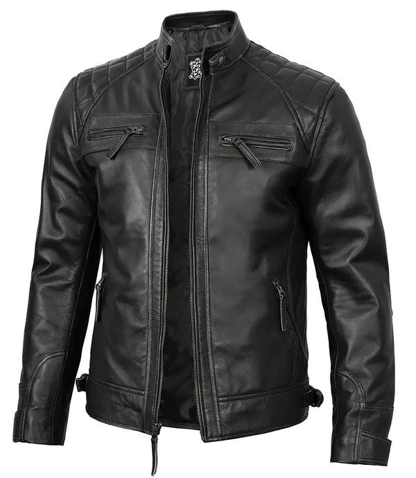 Johnson Mens Black Quilted Motorcycle Real Leather Jacket