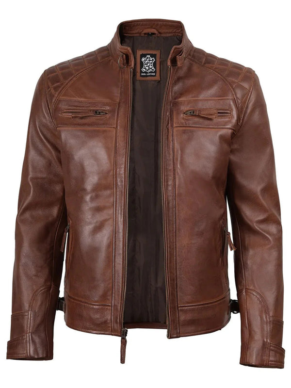 Johnson Men's Cognac Brown Quilted Biker Leather Jacket - XS - Johnson Men's Cognac Brown Quilted Biker Leather Jacket - Tatoo Tee