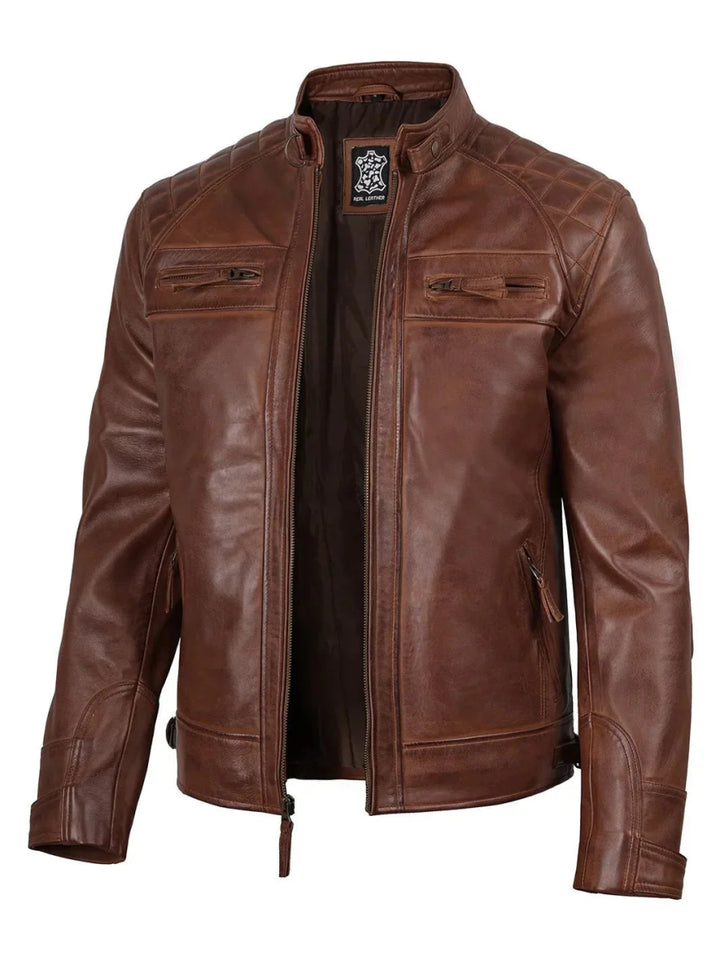 Johnson Men's Cognac Brown Quilted Biker Leather Jacket - XS - Johnson Men's Cognac Brown Quilted Biker Leather Jacket - Tatoo Tee
